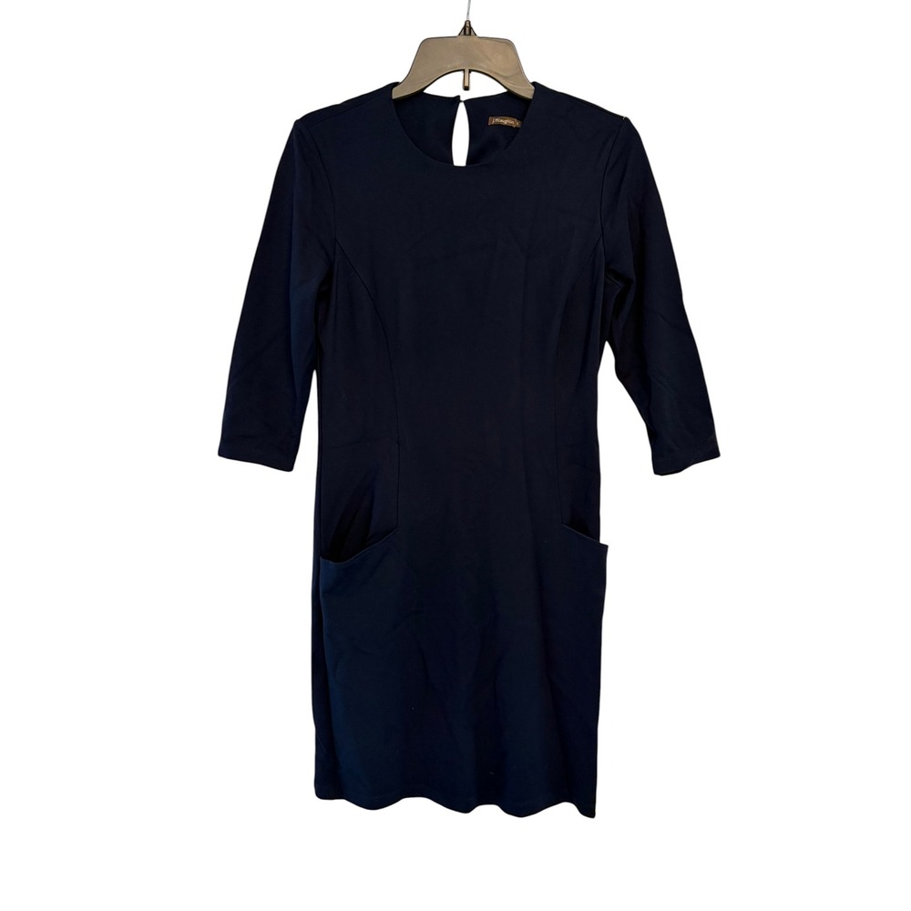 J.McLaughlin Navy Blue Ponte Sheath Dress 3/4 Sleeve Pocket Small RN 16859